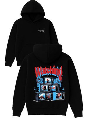 Vsrn Watchıng Tasarım Baskılı Oversize Siyah Kapüşonlu Sweatshirt