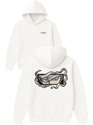 Vsrn Mavi Gözlü Çerçeve Tasarım Baskılı Oversize Beyaz Kapüşonlu Sweatshirt