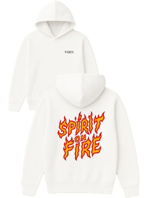 Vsrn Spirit On Fire Tasarım Baskılı Oversize Beyaz Kapüşonlu Sweatshirt