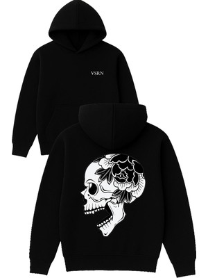 Vsrn Gül Dövmeli Iskelet Tasarım Baskılı Oversize Siyah Kapüşonlu Sweatshirt