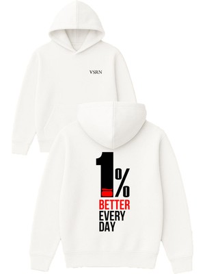 Vsrn Yüzde 1 Better Tasarım Baskılı Oversize Beyaz Kapüşonlu Sweatshirt