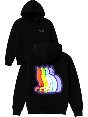 Vsrn 4 Boyutlu Kedi Tasarım Baskılı Oversize Siyah Kapüşonlu Sweatshirt