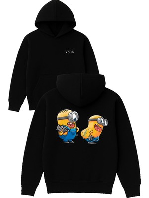 Vsrn Dövmeci Sarı Minikler Tasarım Baskılı Oversize Siyah Kapüşonlu Sweatshirt