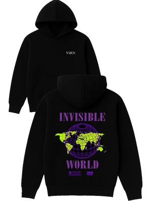 Vsrn Invısıble World Tasarım Baskılı Oversize Siyah Kapüşonlu Sweatshirt