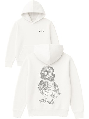 Vsrn Taş Detaylı Ördek Tasarım Baskılı Oversize Beyaz Kapüşonlu Sweatshirt