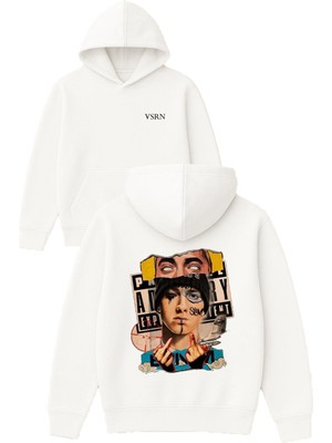Vsrn Rap Dünyası Tasarım Baskılı Oversize Beyaz Kapüşonlu Sweatshirt