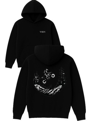 Vsrn Dağ Crossçusu Tasarım Baskılı Oversize Siyah Kapüşonlu Sweatshirt