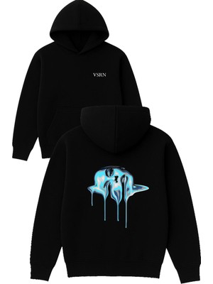 Vsrn Akan Yüz Tasarım Baskılı Oversize Siyah Kapüşonlu Sweatshirt