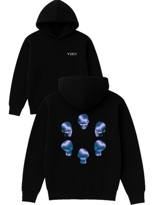 Vsrn 6 Kafadar Tasarım Baskılı Oversize Siyah Kapüşonlu Sweatshirt