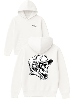 Vsrn Kulaklıklı Iskelet Tasarım Baskılı Oversize Beyaz Kapüşonlu Sweatshirt