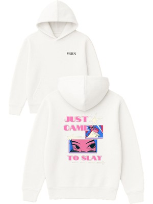 Vsrn Just Game Tasarım Baskılı Oversize Beyaz Kapüşonlu Sweatshirt