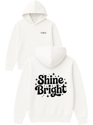 Vsrn Shine Bright Tasarım Baskılı Oversize Beyaz Kapüşonlu Sweatshirt