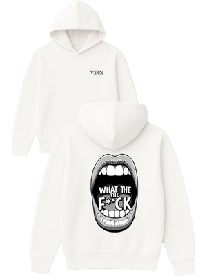 Vsrn What The Tasarım Baskılı Oversize Beyaz Kapüşonlu Sweatshirt