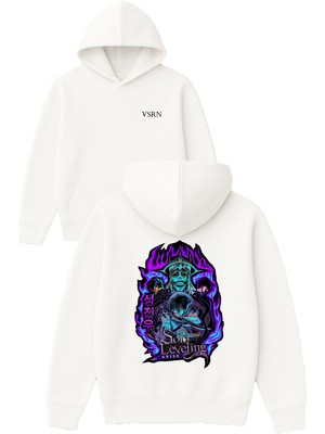 Vsrn Mor Alevler Tasarım Baskılı Oversize Beyaz Kapüşonlu Sweatshirt