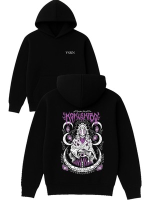 Vsrn Kılıçlı Anime Tasarım Baskılı Oversize Siyah Kapüşonlu Sweatshirt