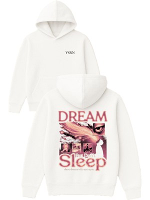 Vsrn Sleep Dream Tasarım Baskılı Oversize Beyaz Kapüşonlu Sweatshirt