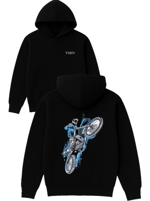 Vsrn Mavi Cross Motor Tasarım Baskılı Oversize Siyah Kapüşonlu Sweatshirt