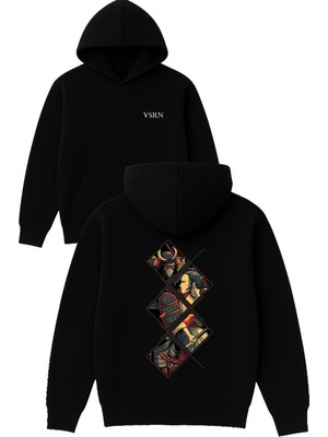 Vsrn Şovalye Anime Tasarım Baskılı Oversize Siyah Kapüşonlu Sweatshirt