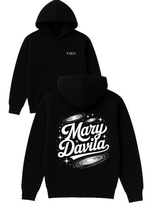 Vsrn Mary Tasarım Baskılı Oversize Siyah Kapüşonlu Sweatshirt