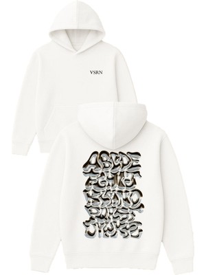 Vsrn Alfabe Tasarım Baskılı Oversize Beyaz Kapüşonlu Sweatshirt
