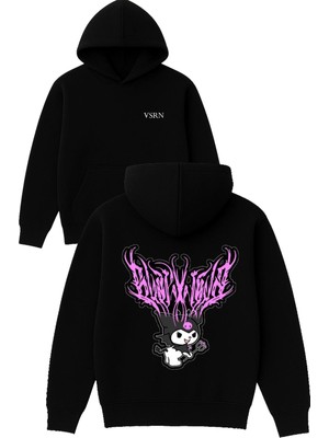 Vsrn Cadı Kedi Tasarım Baskılı Oversize Siyah Kapüşonlu Sweatshirt