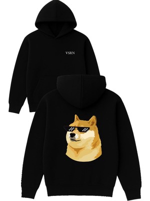 Vsrn Havalı Köpek Tasarım Baskılı Oversize Siyah Kapüşonlu Sweatshirt