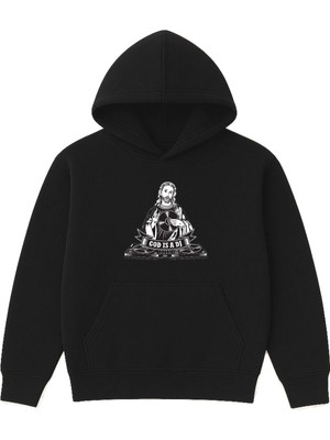 Vsrn God Is A Dj Tasarım Baskılı Oversize Siyah Kapüşonlu Sweatshirt