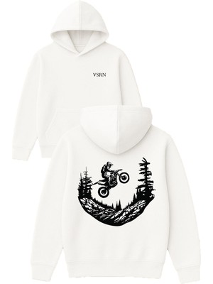 Vsrn Dağ Crossçusu Tasarım Baskılı Oversize Beyaz Kapüşonlu Sweatshirt