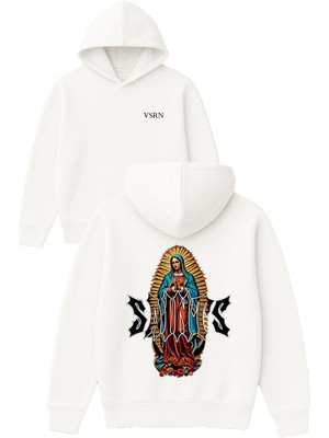 Vsrn Saınts Tasarım Baskılı Oversize Beyaz Kapüşonlu Sweatshirt