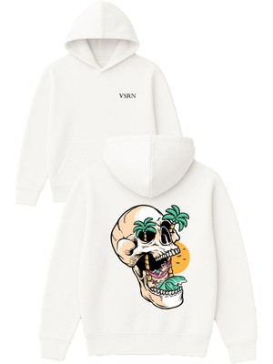Vsrn Kurukafa Adası Tasarım Baskılı Oversize Beyaz Kapüşonlu Sweatshirt