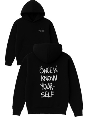 Vsrn Önce Bi Tasarım Baskılı Oversize Siyah Kapüşonlu Sweatshirt