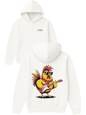 Vsrn Rockçı Horoz Tasarım Baskılı Oversize Beyaz Kapüşonlu Sweatshirt