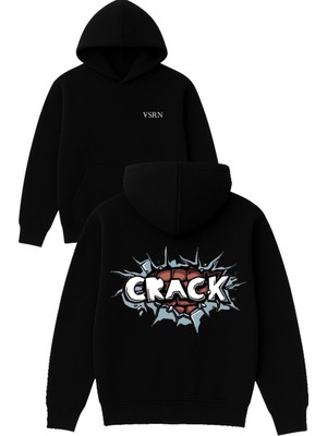 Vsrn Crack Tasarım Baskılı Oversize Siyah Kapüşonlu Sweatshirt