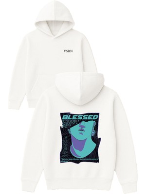 Vsrn Blessed 1 Tasarım Baskılı Oversize Beyaz Kapüşonlu Sweatshirt