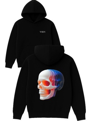 Vsrn 3 Boyutlu Kuru Kafa Tasarım Baskılı Oversize Siyah Kapüşonlu Sweatshirt