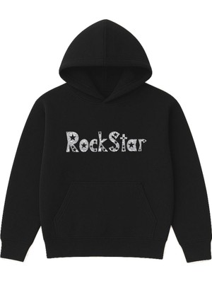 Vsrn Rock Star Tasarım Baskılı Oversize Siyah Kapüşonlu Sweatshirt