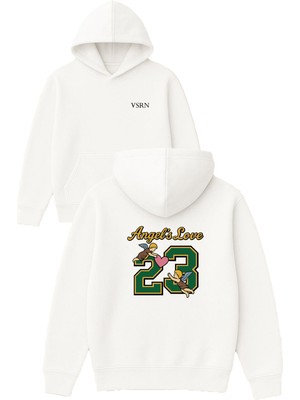 Vsrn Angels Love Tasarım Baskılı Oversize Beyaz Kapüşonlu Sweatshirt