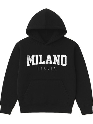 Vsrn Mılano 1 Tasarım Baskılı Oversize Siyah Kapüşonlu Sweatshirt