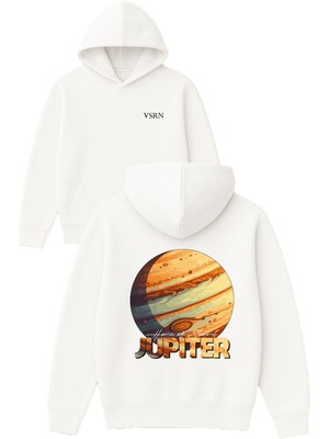 Vsrn Jupiter Tasarım Baskılı Oversize Beyaz Kapüşonlu Sweatshirt