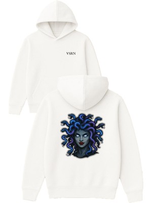 Vsrn Medusa Tasarım Baskılı Oversize Beyaz Kapüşonlu Sweatshirt