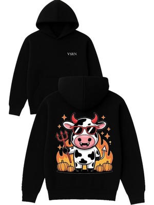 Vsrn Mızraklı Dana Tasarım Baskılı Oversize Siyah Kapüşonlu Sweatshirt