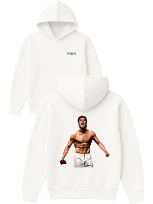 Vsrn Genç Ronaldo Tasarım Baskılı Oversize Beyaz Kapüşonlu Sweatshirt