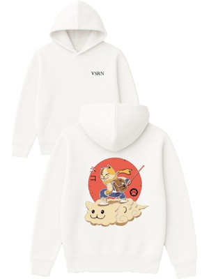 Vsrn Bulutların Üstünde Tasarım Baskılı Oversize Beyaz Kapüşonlu Sweatshirt