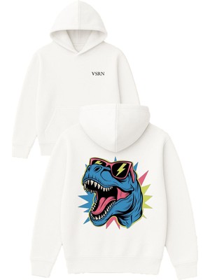 Vsrn Partici Trex Tasarım Baskılı Oversize Beyaz Kapüşonlu Sweatshirt