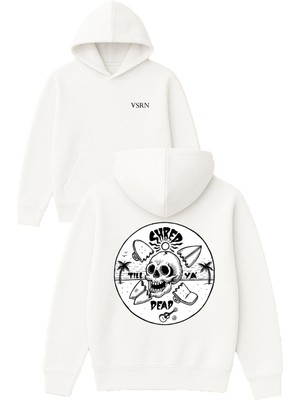 Vsrn Shred Dead Tasarım Baskılı Oversize Beyaz Kapüşonlu Sweatshirt