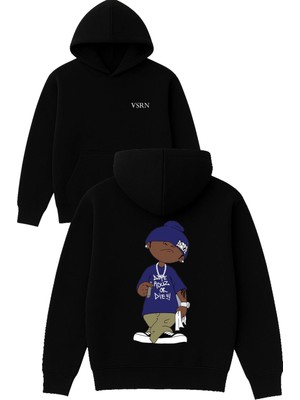 Vsrn Karizma Rapçi Tasarım Baskılı Oversize Siyah Kapüşonlu Sweatshirt