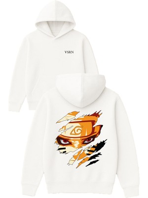 Vsrn Kırmızı Gözlü Anime Tasarım Baskılı Oversize Beyaz Kapüşonlu Sweatshirt