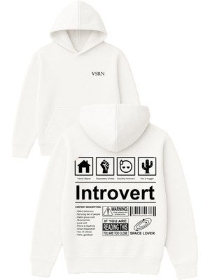 Vsrn Introvert Tasarım Baskılı Oversize Beyaz Kapüşonlu Sweatshirt