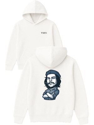 Vsrn Purolu Che Guevera Tasarım Baskılı Oversize Beyaz Kapüşonlu Sweatshirt