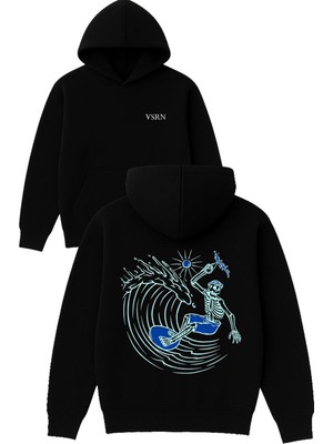Vsrn Surfçü Iskelet Tasarım Baskılı Oversize Siyah Kapüşonlu Sweatshirt